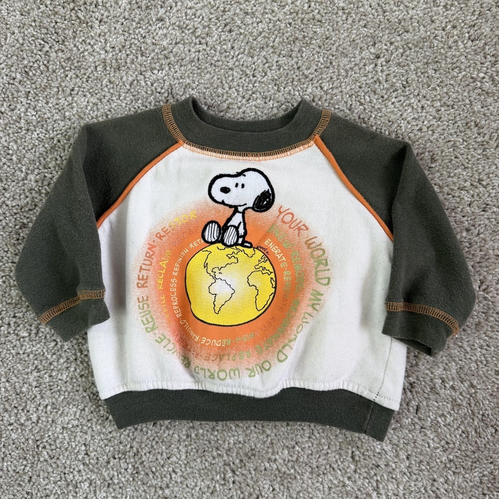 Vintage Snoopy Sweatshirt Kids 12 Months White Fleece Pullover Earth Graphic